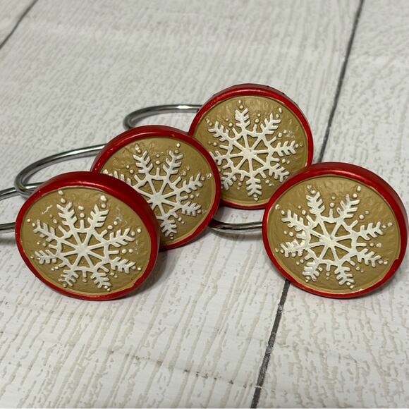 Red and Tan Snowflake Shower Curtain Hooks Set of 12 - Picture 4 of 9